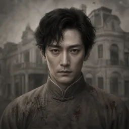 血衣男人　雙眼通紅 身穿的灰色長衫上有血跡